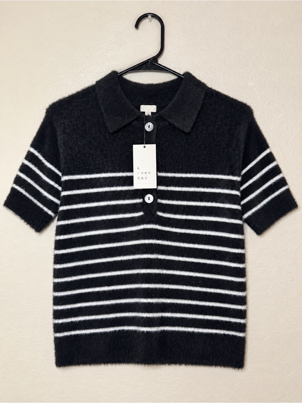 a new day Fuzzy Black & White Striped Polo Sweater Top